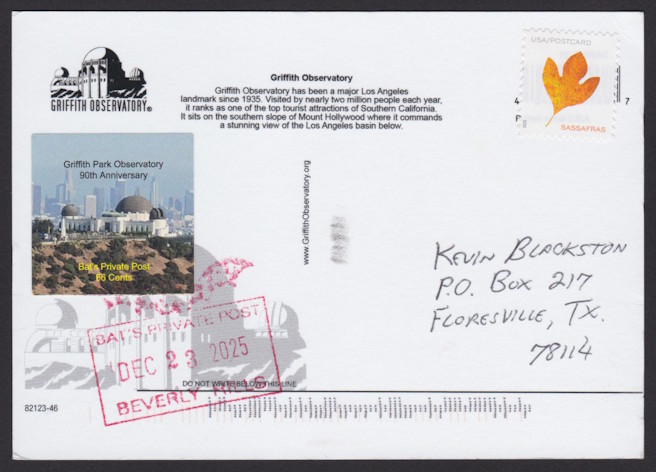 66¢ Bat’s Private Post Griffith Park Observatory stamp on postcard