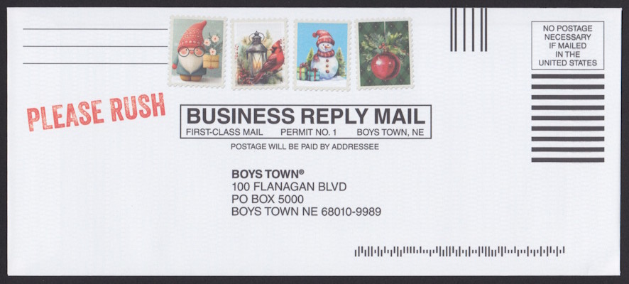 Boys Town business reply envelope with preprinted Christmas designs