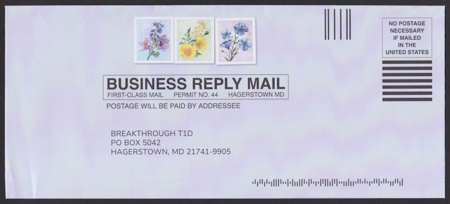 Breakthrough T1D business reply envelope with preprinted flower designs