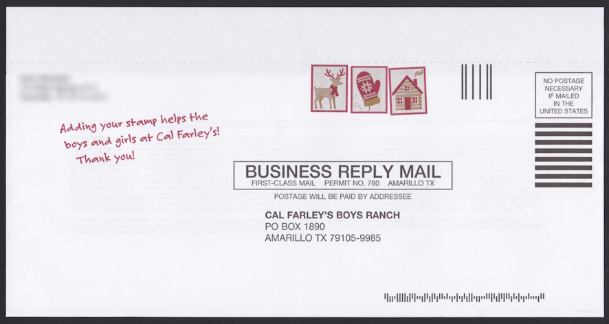 Cal Farley’s Boys Ranch business reply envelope with preprinted Christmas designs