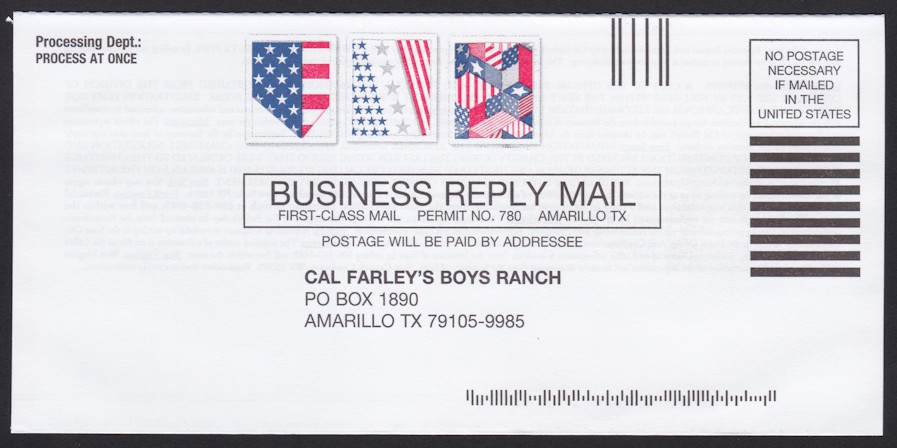 Cal Farley’s Boys Ranch business reply envelope with preprinted patriotic designs