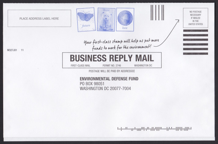 Environmental Defense Fund business reply envelope with preprinted butterfly, bear, and Earth designs