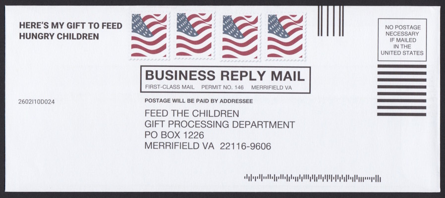 Feed the Children business reply envelope with preprinted United States flag designs
