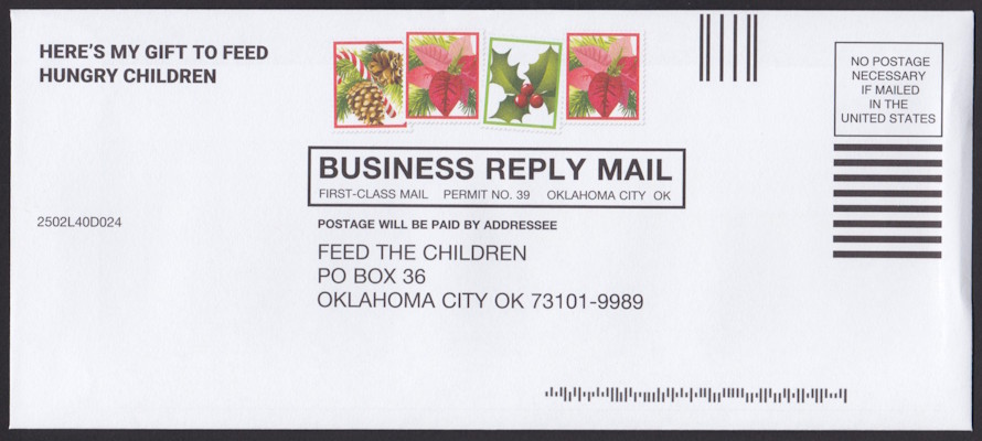 Feed the Children business reply envelope with preprinted stamp-sized Christmas designs