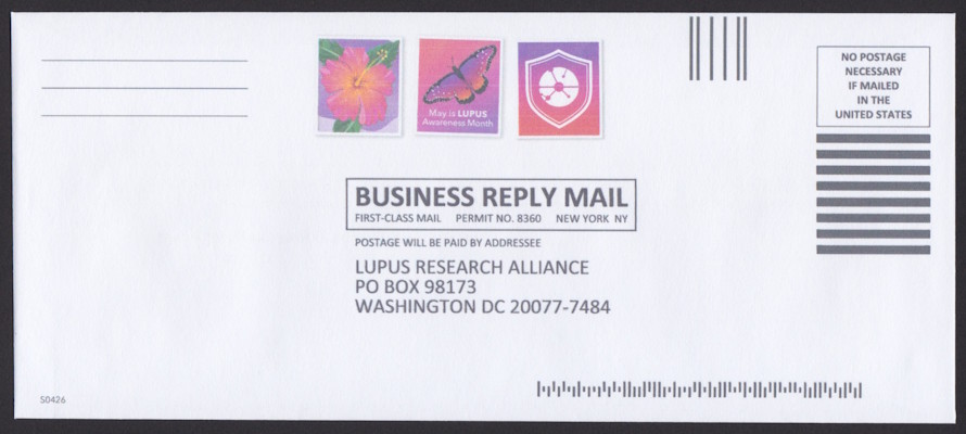 Lupus Research Alliance business reply envelope with flower, butterfly, and LRA logo designs