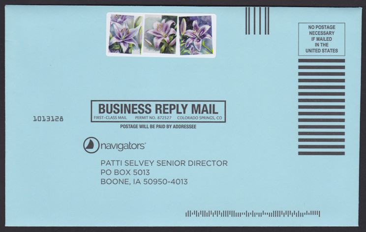 Navigators business reply envelope with lilies label