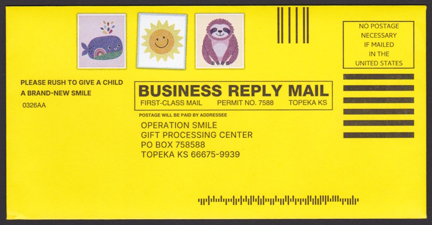 Operation Smile business reply envelope with whale, sun, & sloth designs