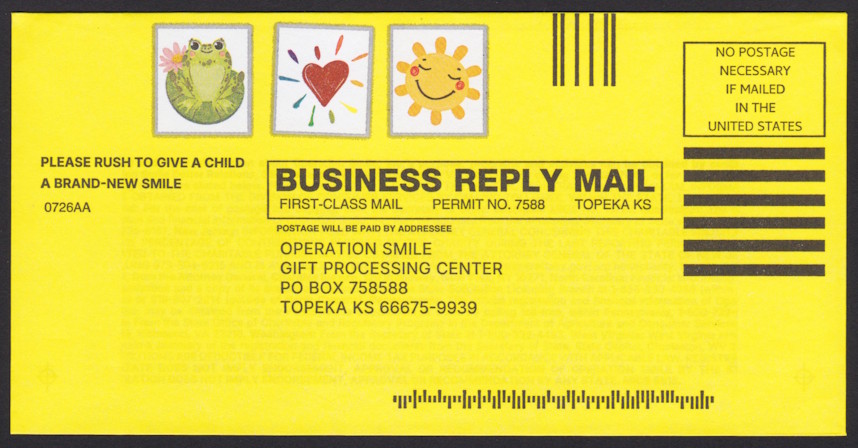 Operation Smile business reply envelope with preprinted frog, heart, and sun designs