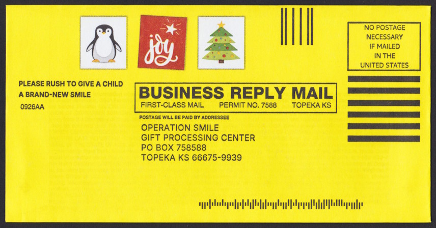 Operation Smile business reply envelope with preprinted Christmas designs