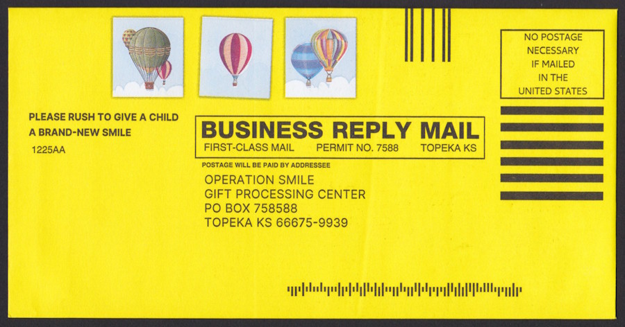 Operation Smile business reply envelope with preprinted stamp-sized balloon designs