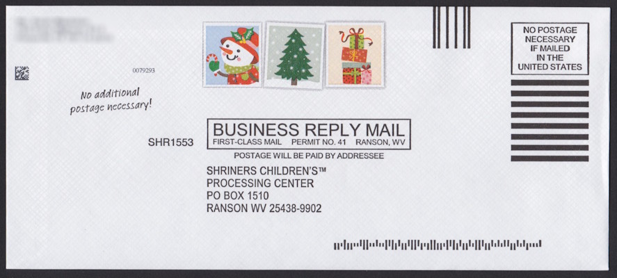 Shriners Children’s business reply envelope with preprinted snowman, tree, and gift box designs