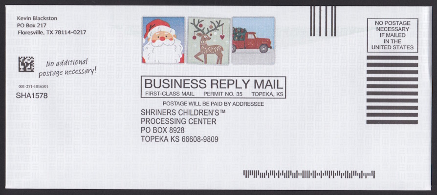 Shriners Children’s business reply envelope with three preprinted stamp-sized Christmas designs