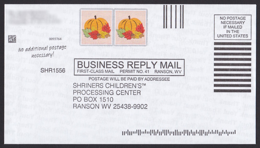 Shriners Children’s business reply envelope with two preprinted stamp-sized pumpkin & leaves designs