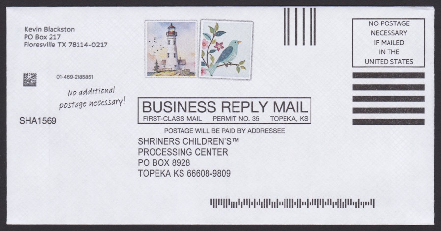 Shriners Children’s business reply envelope with preprinted stamp-sized lighthouse and bird designs