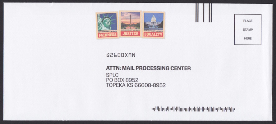 Southern Poverty Law Center business reply envelope with preprinted patriotic designs