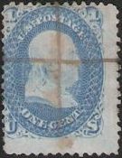 Blue 1-cent U.S. postage stamp picturing Benjamin Franklin