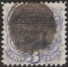 Blue 3-cent U.S. postage stamp picturing a locomotive