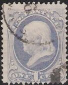 Blue 1-cent U.S. postage stamp picturing Benjamin Franklin