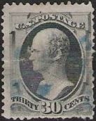 Black 30-cent U.S. postage stamp picturing Alexander Hamilton