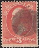 Vermilion 3-cent U.S. postage stamp picturing George Washington