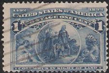 1¢ Columbus in Sight of Land Blue 1-cent U.S. postage stamp picturing Christopher Columbus in sight of land