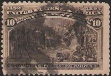 10¢ Columbus Presenting Natives Black brown 10-cent U.S. postage stamp picturing Christopher Columbus presenting natives