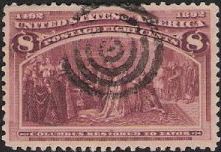 8¢ Columbus Restored to Favor Magenta 8-cent U.S. postage stamp picturing Christopher Columbus being restored to favor