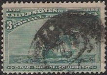 Green 3-cent U.S. postage stamp picturing flag ship of Christopher Columbus