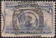 4¢ Fleet of Columbus Blue 4-cent U.S. postage stamp picturing fleet of Christopher Columbus