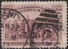 Brown violet 2-cent U.S. postage stamp picturing Landing of Christopher Columbus
