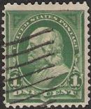 Green 1-cent U.S. postage stamp picturing Benjamin Franklin