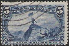 5¢ Frémont on Rocky Mountains Blue 5-cent U.S. postage stamp picturing John Fremont on Rocky Mountains