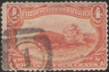 4¢ Indian Hunting Buffalo Orange 4-cent U.S. postage stamp picturing Native American hunting buffalo