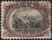 Magenta & black 8-cent U.S. postage stamp picturing canal locks at Sault de Ste. Marie