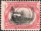 2¢ Fast Express Red & black 2-cent U.S. postage stamp picturing locomotive & train cars