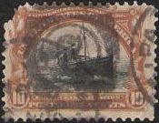 Brown & black 10-cent U.S. postage stamp picturing ship