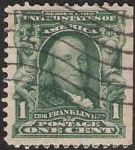 Green 1-cent U.S. postage stamp picturing Benjamin Franklin