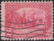 Red 2-cent U.S. postage stamp picturing founding of Jamestown, 1607