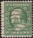 Green 1-cent U.S. postage stamp picturing Benjamin Franklin