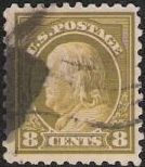 Olive 8-cent U.S. postage stamp picturing Benjamin Franklin