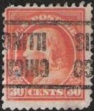 Orange 30-cent U.S. postage stamp picturing Benjamin Franklin