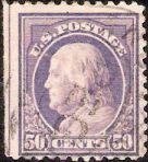 50¢ Benjamin Franklin Purple 50-cent U.S. postage stamp picturing Benjamin Franklin