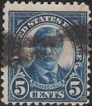 Blue 5-cent U.S. postage stamp picturing Theodore Roosevelt