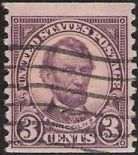 Purple 3-cent U.S. postage stamp picturing Abraham Lincoln