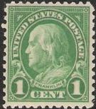 Green 1-cent U.S. postage stamp picturing Benjamin Franklin