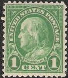 1¢ Benjamin Franklin Green 1-cent U.S. postage stamp picturing Benjamin Franklin