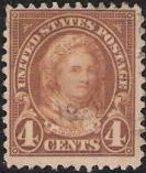 Light brown 4-cent U.S. postage stamp picturing Martha Washington