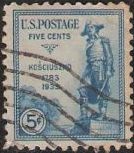 Blue 5-cent U.S. postage stamp picturing statue of Tadeusz Kosciuszko