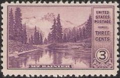 Purple 3-cent U.S. postage stamp picturing Mount Rainier