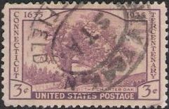Purple 3-cent U.S. postage stamp picturing the Charter Oak